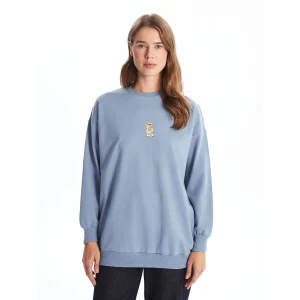 LCW Modest Mavi Bisiklet Yaka Baskılı Kadın Sweatshirt Tunik