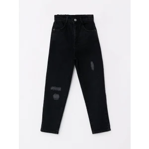 LCW Kids Siyah Beli Lastikli Yırtık Detaylı Kız Çocuk Mom Jean Pantolon