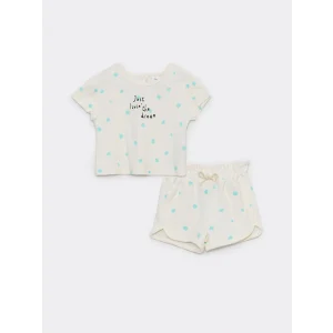 LCW baby Ekru Bisiklet Yaka Kısa Kollu Baskılı Kız Bebek Tişört ve Şort 2li Takım
