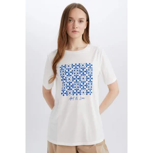 Defacto E1163 Ekru Regular Fit Bisiklet Yaka Etnik Desenli Kısa Kollu Tişört