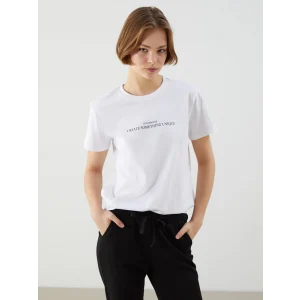 XSIDE Beyaz Bisiklet Yaka Baskılı Kadın Tişört