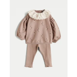 LCW baby Bej Bebe Yaka Uzun Kollu Baskılı Kız Bebek Sweatshirt ve Tayt 2li Takım