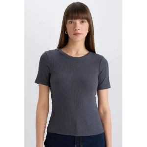 Defacto C0097 Antrasit Slim Fit Dar Kesim Bisiklet Yaka Fitilli Kaşkorse Basic Düz Kısa Kollu Tişört