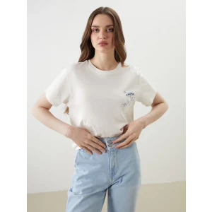LCW Vision Ekru Bisiklet Yaka Baskılı Kadın Tişört