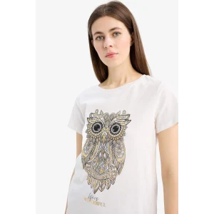 Defacto E5064 Ekru Regular Fit Bisiklet Yaka Baykuş Desenli Penye Kısa Kollu Tişört