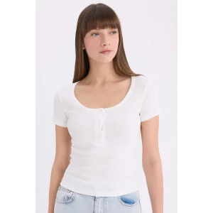 Defacto E5781 Ekru Slim Fit Dar Kesim Yuvarlak Yaka Basic Düz Fitilli Kaşkorse Kısa Kollu Beyaz Tişört