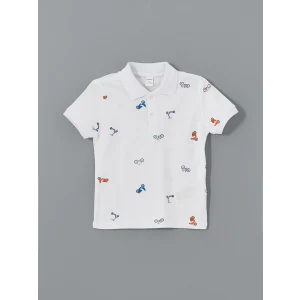 LCW Kids Beyaz Polo Yaka Baskılı Erkek Çocuk Tişört