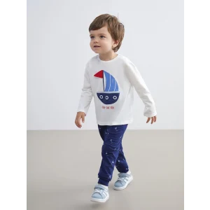 LCW baby Ekru Bisiklet Yaka Baskılı Erkek Bebek Pijama Takım