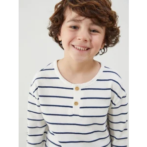 LCW Kids Bej Dokulu Kumaş Çizgili Erkek Çocuk Tişört