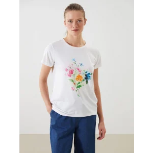 LCWAIKIKI Classic Ekru Bisiklet Yaka Çiçekli Kadın Tişört