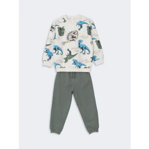 LCW baby Bej Bisiklet Yaka Baskılı Erkek Bebek Sweatshirt ve Eşofman Alt 2li