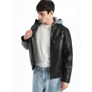 XSIDE Siyah Slim Fit Kapüşonlu Erkek Deri Görünümlü Mont