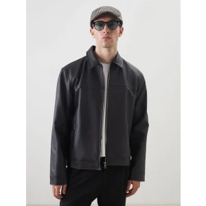 LCW Vision Siyah Standart Kalıp Gömlek Yaka Erkek Deri Görünümlü Mont