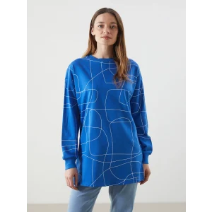 LCWAIKIKI Classic Mavi Bisiklet Yaka Desenli Oversize Kadın Sweatshirt Tunik