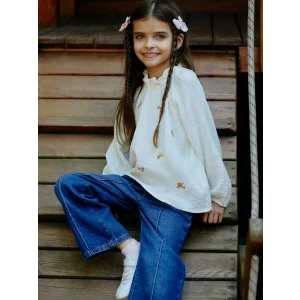 LCW Kids Ekru Fırfırlı Dik Yaka Çiçek Nakışlı Kız Çocuk Bluz