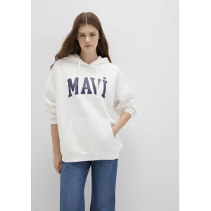 Mavi 1600361-81964 Mavi Logo Baskılı Kapüşonlu Beyaz Sweatshirt