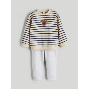 LCW baby Bej Bisiklet Yaka Çizgili Erkek Bebek Sweatshirt ve Eşofman Alt 2li