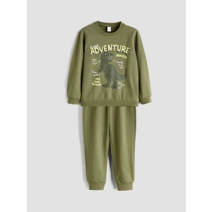 LCW Kids Haki Dinazor Baskılı Erkek Çocuk Sweatshirt ve Eşofman Alt 2li