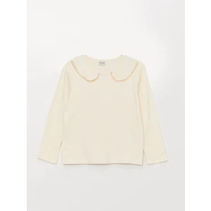 LCW Kids Ekru Bisiklet Yaka Basic Uzun Kollu Kız Çocuk Tişört