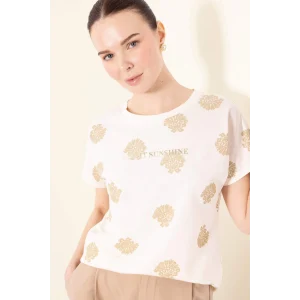 Defacto E1663 Ekru Bisiklet Yaka Desenli Kısa Kollu Tişört