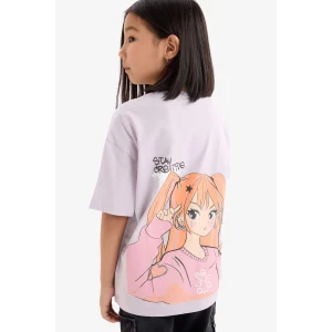 Defacto E0357 Mor Kız Çocuk Oversize Geniş Kalıp Bisiklet Yaka Sırt Baskılı Kısa Kollu Tişört