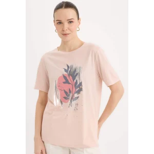 Defacto E0917 Pembe Regular Fit Bisiklet Yaka Baskılı Kısa Kollu Tişört