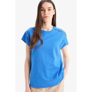 Defacto E4367 Mavi Bisiklet Yaka Flamlı Pamuk Kısa Kollu Tişört