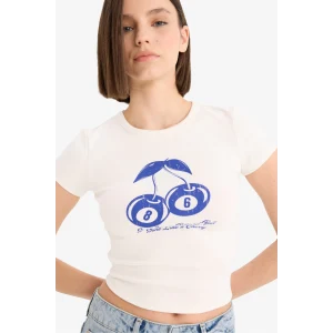 Defacto E8476 Beyaz Coool Fitted Bisiklet Yaka Baskılı Ribana Kısa Kollu Tişört