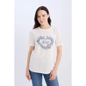 Defacto E3026 Ekru Regular Fit Bisiklet Yaka Baskılı Kısa Kollu Tişört