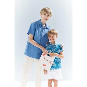 Defacto E5832 Mavi Erkek Çocuk Oversize Geniş Kalıp Polo Yaka Kısa Kollu Gömlek