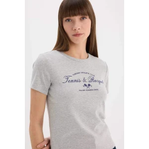 Defacto E5067 Gri Regular Fit Bisiklet Yaka Baskılı Ribana Kısa Kollu Tişört