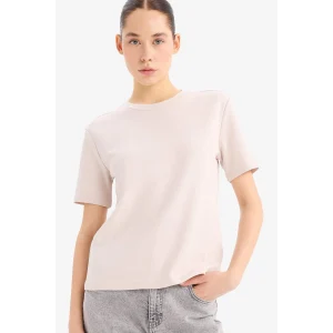 Defacto D7579 Bej Regular Fit Bisiklet Yaka Basic Düz Kalın Kısa Kollu Tişört