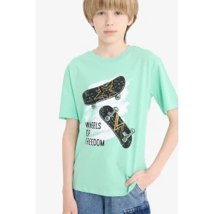 Defacto F0174 Yeşil Erkek Çocuk Bisiklet Yaka Baskılı Kısa Kollu Tişört