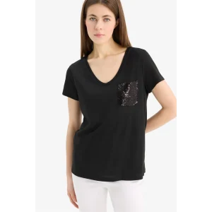 Defacto U3769 Siyah Regular Fit V Yaka Payetli Kısa Kollu Tişört