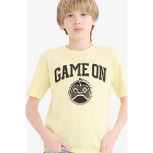 Defacto F0182 Sarı Erkek Çocuk Bisiklet Yaka Baskılı Kısa Kollu Tişört