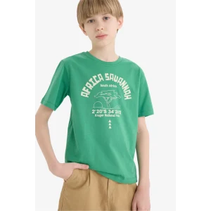 Defacto E0176 Yeşil Erkek Çocuk Bisiklet Yaka Baskılı Kısa Kollu Tişört
