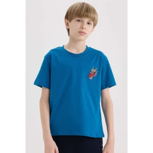 Defacto E0088 Mavi Erkek Çocuk Bisiklet Yaka Nakışlı Kısa Kollu Tişört