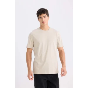 Defacto V7699 Bej %100 Pamuk New Regular Fit Bisiklet Yaka Basic Düz Kısa Kollu Tişört