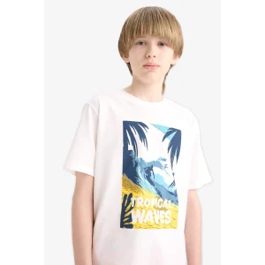 Defacto F0171 Ekru Erkek Çocuk Bisiklet Yaka Baskılı Kısa Kollu Tişört