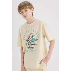 Defacto E0169 Bej Erkek Çocuk Bisiklet Yaka Baskılı Kısa Kollu Tişört