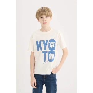 Defacto D9258 Ekru Erkek Çocuk Bisiklet Yaka Baskılı Kısa Kollu Tişört