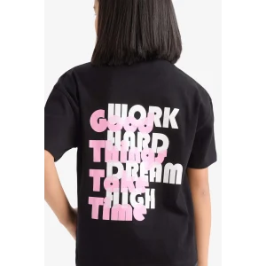 Defacto E0354 Siyah Kız Çocuk Relax Fit Sırt Baskılı Bisiklet Yaka Kısa Kollu Tişört