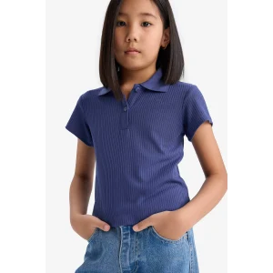 Defacto Z7794 Mor Kız Çocuk Slim Fit Dar Kesim Polo Yaka Basic Düz Fitilli Kaşkorse Kısa Kollu Tişört