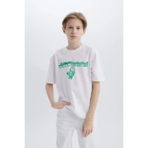 Defacto B6165 Beyaz Erkek Çocuk Oversize Geniş Kalıp Bisiklet Yaka Baskılı Kısa Kollu Tişört