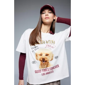 Defacto F2648 Beyaz Coool Oversize Geniş Kalıp Bisiklet Yaka Baskılı Kısa Kollu Tişört