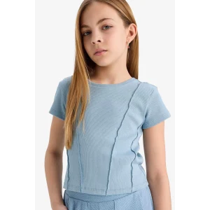 Defacto C0104 Mavi Kız Çocuk Slim Fit Dar Kesim Bisiklet Yaka Basic Düz Ribana Kısa Kollu Tişört