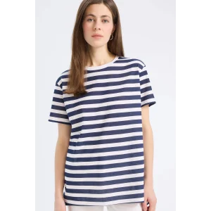 Defacto U1778 Beyaz Long Fit Bisiklet Yaka Çizgili Penye Kısa Kollu Tişört