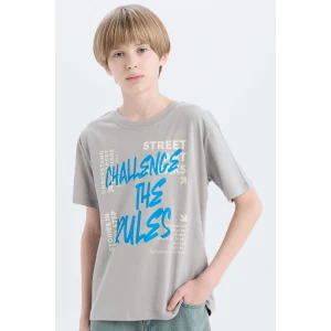 Defacto D9284 Gri Erkek Çocuk Bisiklet Yaka Baskılı Kısa Kollu Tişört