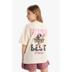Defacto E0357 Ekru Kız Çocuk Oversize Geniş Kalıp Bisiklet Yaka Sırt Baskılı Kısa Kollu Tişört