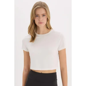 Defacto D7295 Ekru DeFactoFit Crop Bisiklet Yaka Basic Düz Sporcu Kısa Kollu Tişört